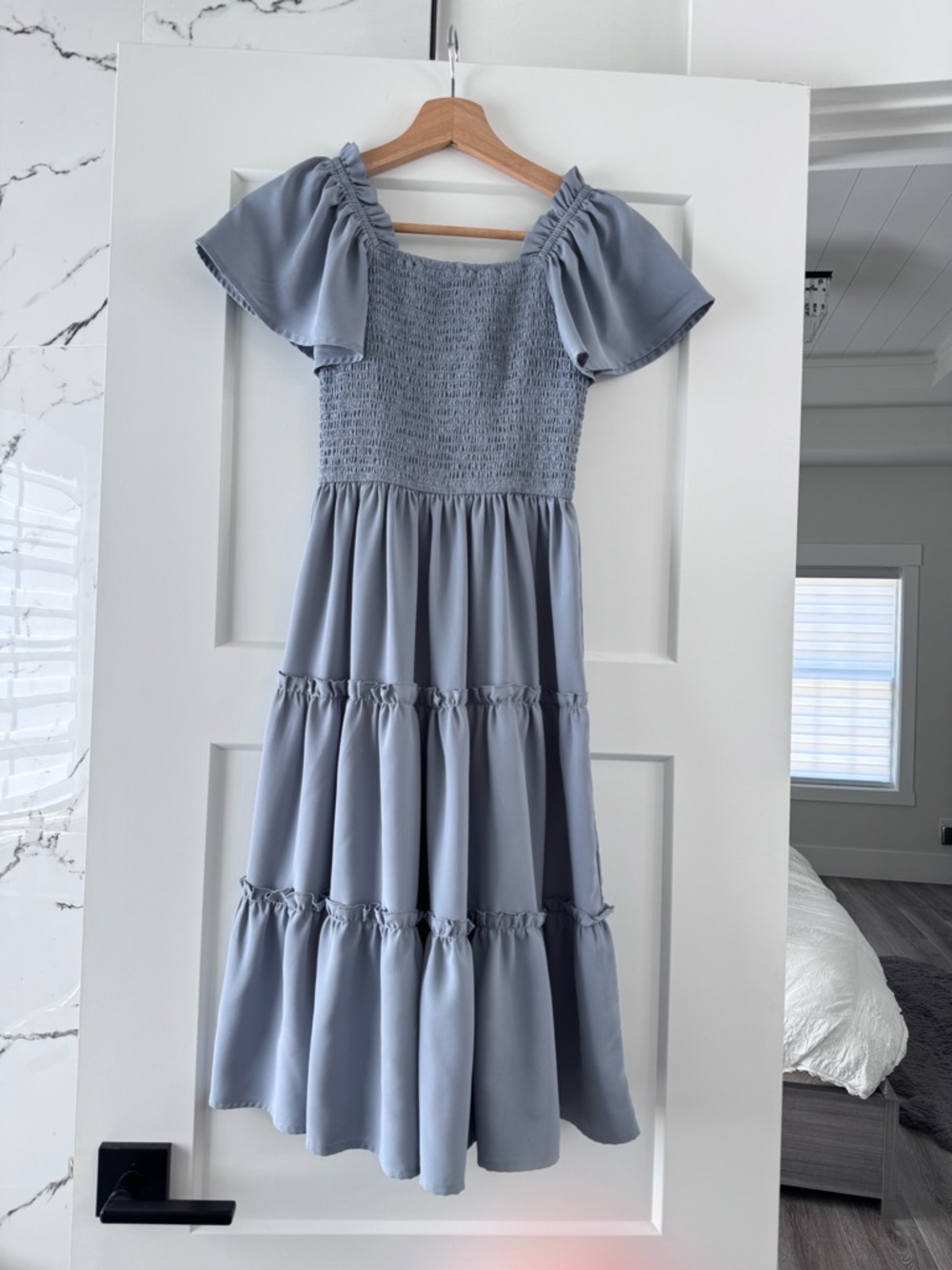 Ivy City Co Light Blue Smocked Tiered Dress with Flutter Sleeves